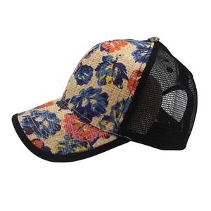 Stroh-Struktur Baseball Cap mit tropischem Blumendruck und atmungsaktivem schwarzen Mesh