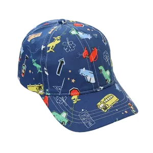 Detailed close-up of kids baseball cap featuring colorful cartoon vehicle prints
