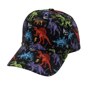Kids black baseball cap with colorful all-over cartoon dinosaur prints for sun protection