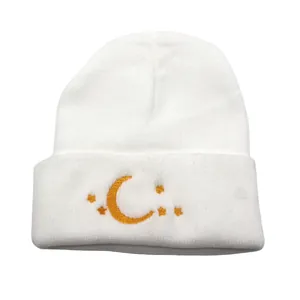 White knit beanie with gold moon and stars embroidery, thick cuffed winter warm hat