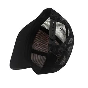 Close-up of black breathable mesh panel and adjustable snapback closure on trucker hat