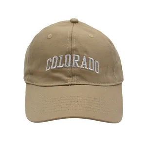 Classic khaki kids baseball cap with white COLORADO embroidery and cotton twill fabric