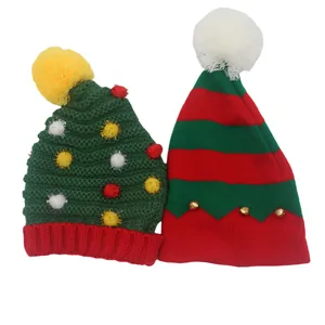 Bonnet de Noël en Tricot Acrylique Chaud Beanie d'Hiver à Rayures Chapeau d'Elfe du Père Noël Avec Pompons Pour Adultes Accessoires de Fête