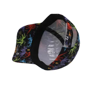 Detail of kids cartoon dinosaur baseball cap featuring grey velcro strap and sweatband