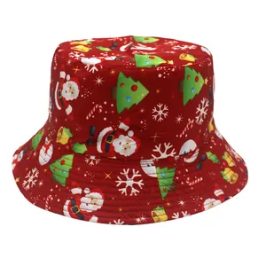 Detail of red Christmas bucket hat with Santa, reindeer, and festive pattern prints