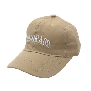Close-up of white Colorado 3D embroidery on a khaki cotton baseball cap