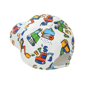 White children's baseball cap with colorful cartoon excavator prints and LET'S GO text