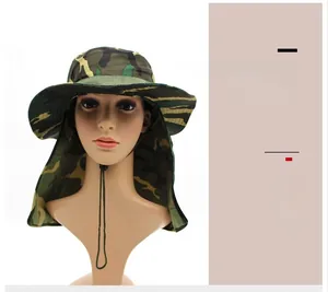 Detailed view of camouflage fishing hat featuring neck protection flap and adjustable drawcord