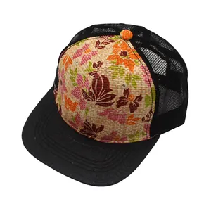 Floral print straw baseball cap with black faux crocodile brim and mesh back view