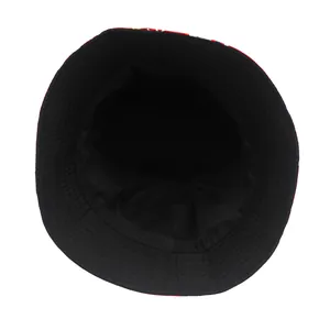 Detail view of cotton sun hat interior showing black lining and dense brim stitching