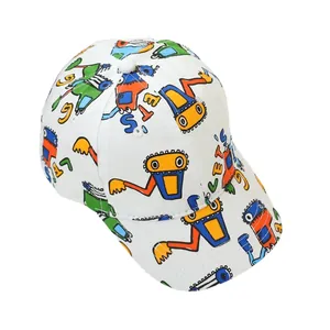 Detailed view of white kids' baseball cap featuring colorful cartoon excavator and robot print