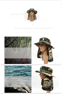 Detail of outdoor camouflage sun hat featuring a long neck flap and adjustable chin strap