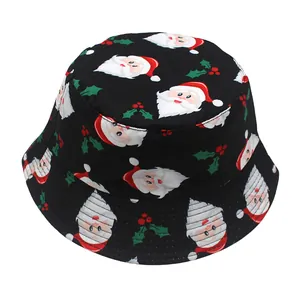 Festive black bucket hat with cartoon Santa Claus and holly leaf holiday patterns