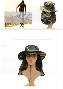 Detail of outdoor camouflage sun hat with neck protection flap and adjustable chin strap