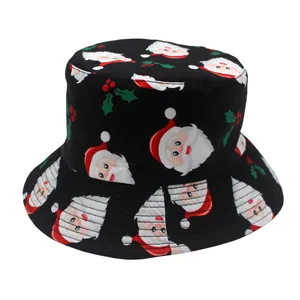 Detail of festive Christmas bucket hat with Santa Claus and holly berry print patterns