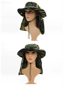 Detail of camouflage outdoor sun hat featuring protective neck flap and adjustable chin strap
