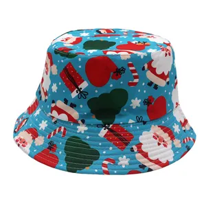 Light blue bucket hat featuring cartoon Santa and Christmas tree festive prints