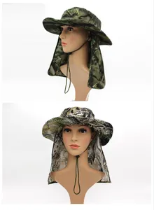 Detail view of camouflage sun hat with neck flap and adjustable windproof drawstring strap