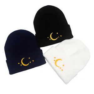 Unisex Autumn Winter Warm Knit Beanie Hat With Moon Star Embroidery Cuffed Acrylic Fashion Casual Soft Skull Cap
