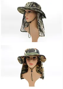 Detail view of camouflage sun hat with wide brim, neck protection flap and wind rope
