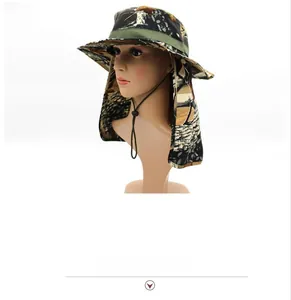 Detail of outdoor camouflage fishing hat with neck flap and adjustable chin strap