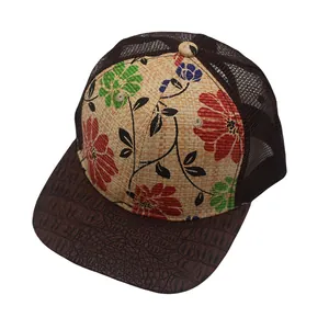 Floral print straw baseball cap with mesh back and embossed crocodile brim for summer