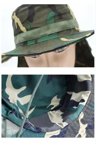 Detail of camouflage tactical sun hat with neck flap and adjustable chin strap