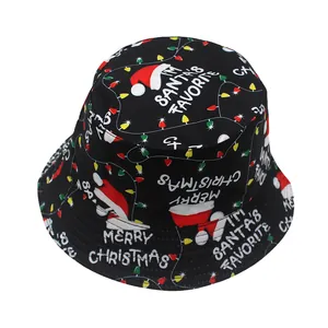 Detail of black cotton bucket hat featuring festive Santa Claus and Merry Christmas prints