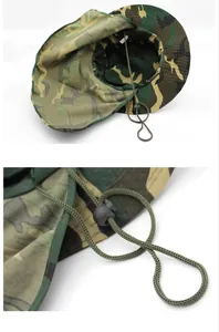 Detail of camouflaged sun hat featuring adjustable green windproof rope and plastic toggle