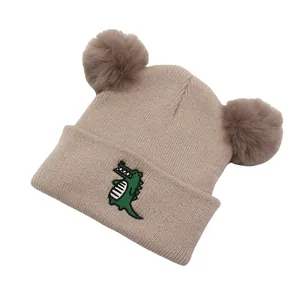Kids warm knit hat with cute crocodile embroidery and faux fur double pom poms