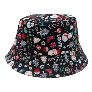Detailed pattern of festive Christmas bucket hat with Santa and reindeer prints