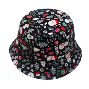 Detailed view of black bucket hat with colorful Christmas cartoon prints and festive patterns