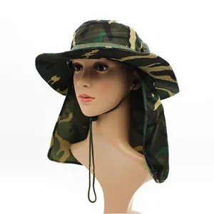 Outdoor camouflage sun hat with wide brim, neck flap and adjustable chin strap for hiking