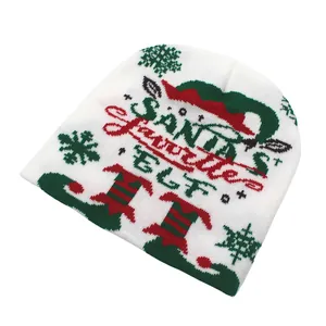 Détails du motif de bonnet de Noël blanc avec texte Santa's Little Elf et flocons verts