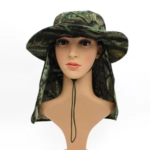 Outdoor jungle camouflage sun hat with neck flap and adjustable chin strap for hiking