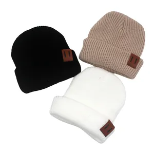 Kids Solid Knit Beanie Hat Toddler Winter Warm Acrylic Skull Cap With Leather Patch For Boys Girls Ages One To Four Years