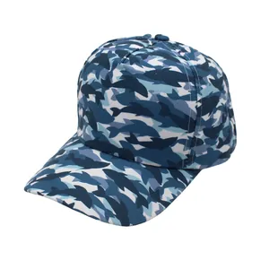 Detail of blue shark camouflage pattern on children baseball cap with reinforced stitching