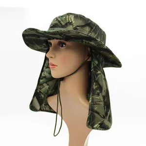 Outdoor jungle camouflage sun hat with neck flap and chin strap for hiking and fishing