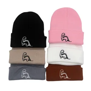 Bonnet en Tricot Avec Broderie Dinosaure pour Enfants Bébé Hiver Chaud en Acrylique pour Filles Garçons
