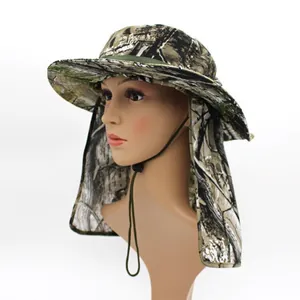 Outdoor camouflage sun hat with wide brim and neck protection flap for hiking