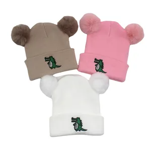 Kids Cute Crocodile Embroidery Knit Beanie Hat With Double Pompoms Soft Warm Winter Earflap Cap For Toddlers Boys Girls
