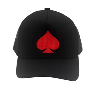 Black trucker hat with red spade embroidery and breathable mesh back for outdoor wear