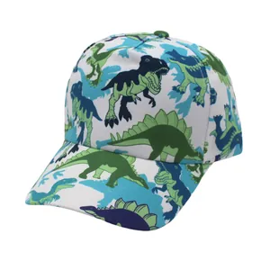 Close-up of vibrant cartoon dinosaur prints on white children baseball cap fabric