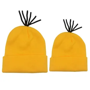 Yellow cartoon cosplay knitted beanies set with black sprout tops for family matching