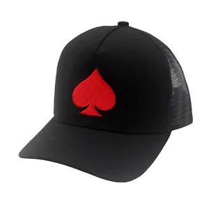 Black mesh trucker hat with red spade embroidery and adjustable back for sun protection
