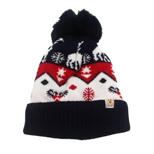 Winter gebreide kerstmuts met rendier- en sneeuwvlokpatronen en pompon voor kinderen