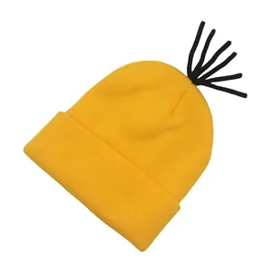 Yellow knitted beanie with black top accents for cosplay and casual wear for kids and adults