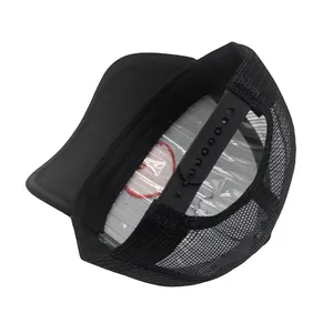 Black mesh trucker hat with heart embroidery and adjustable snapback closure for adults