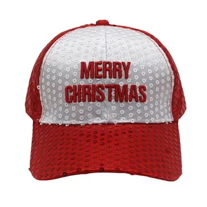 Cappellino da Baseball con Paillettes di Natale Ricamo Merry Christmas Rosso Bianco Scintillante Regolabile Parasole Accessori per Feste Uomo Donna