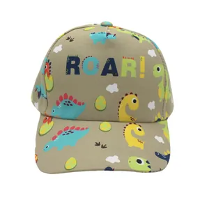 Detail view of khaki cotton kids baseball cap with colorful cartoon dinosaur print and ROAR text